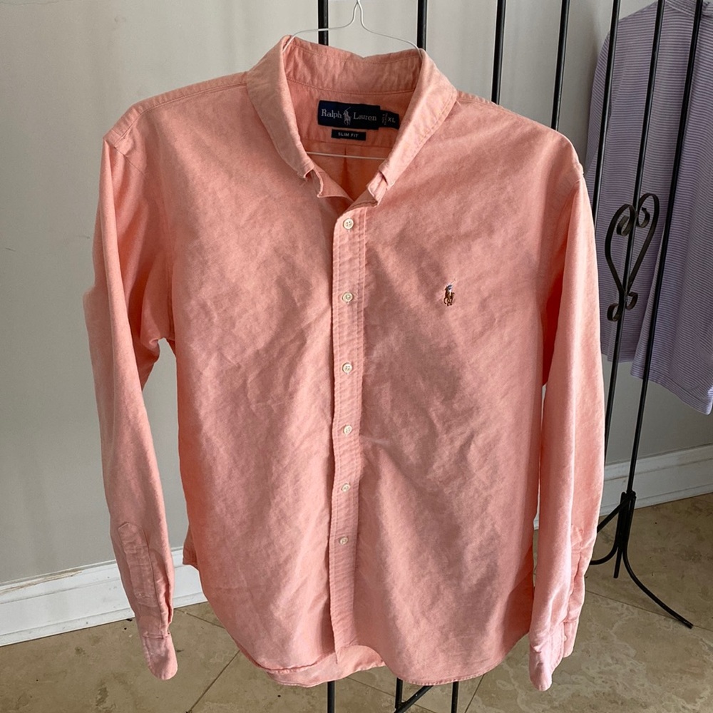 Ralph Lauren Slim-Fit Button-Down Shirt (100% Cotton. Color is Salmon)